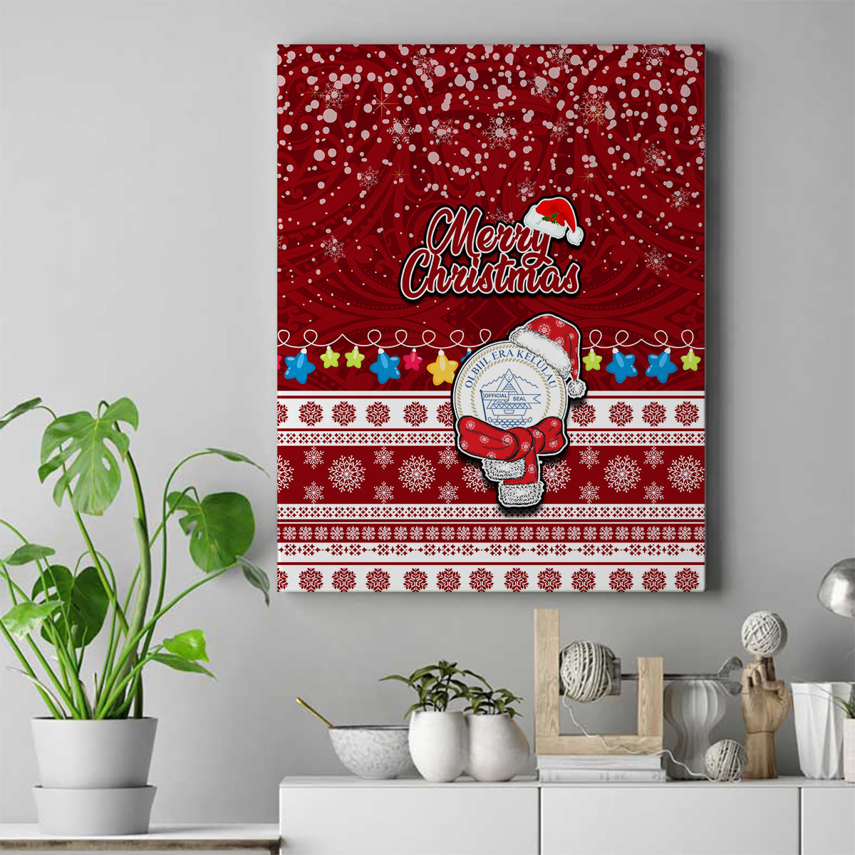 Palau Christmas Canvas Wall Art Snowman and Palau Coat of Arms Maori Tribal Xmas Style LT03 Red - Polynesian Pride