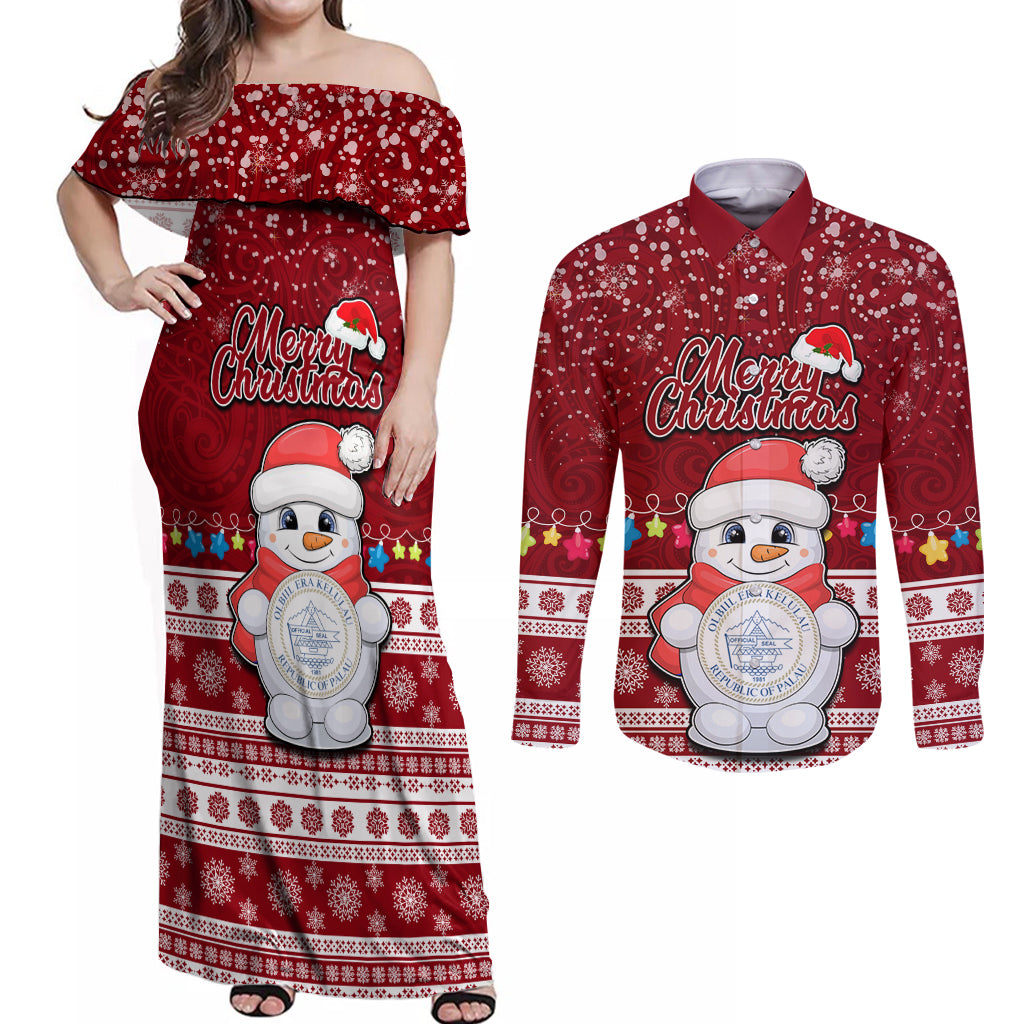 Palau Christmas Couples Matching Off Shoulder Maxi Dress and Long Sleeve Button Shirt Snowman and Palau Coat of Arms Maori Tribal Xmas Style LT03 Red - Polynesian Pride