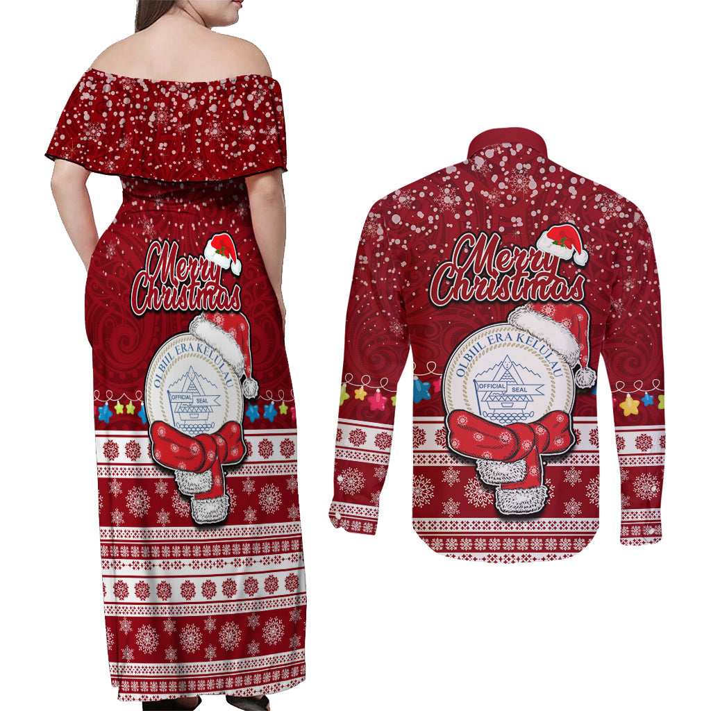 Palau Christmas Couples Matching Off Shoulder Maxi Dress and Long Sleeve Button Shirt Snowman and Palau Coat of Arms Maori Tribal Xmas Style LT03 - Polynesian Pride