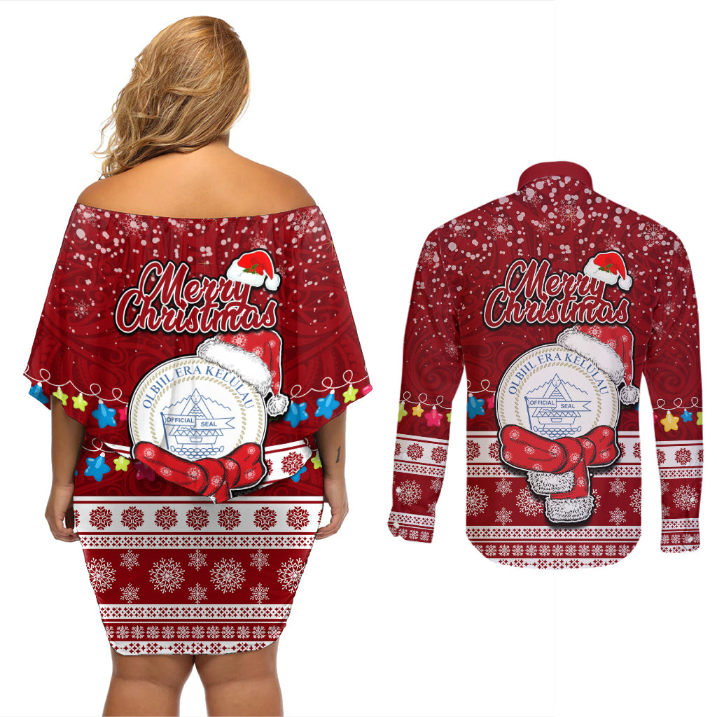 Palau Christmas Couples Matching Off Shoulder Short Dress and Long Sleeve Button Shirt Snowman and Palau Coat of Arms Maori Tribal Xmas Style LT03 - Polynesian Pride
