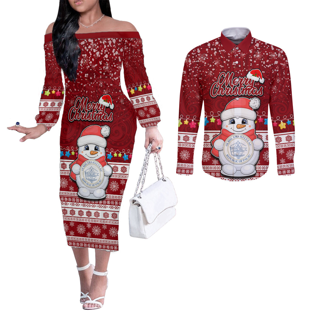 Palau Christmas Couples Matching Off The Shoulder Long Sleeve Dress and Long Sleeve Button Shirt Snowman and Palau Coat of Arms Maori Tribal Xmas Style LT03 Red - Polynesian Pride