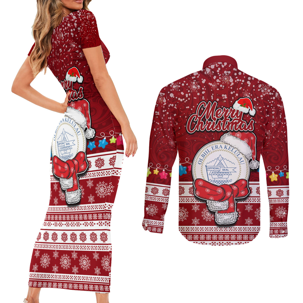 Palau Christmas Couples Matching Short Sleeve Bodycon Dress and Long Sleeve Button Shirt Snowman and Palau Coat of Arms Maori Tribal Xmas Style LT03 - Polynesian Pride