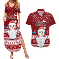 Palau Christmas Couples Matching Summer Maxi Dress and Hawaiian Shirt Snowman and Palau Coat of Arms Maori Tribal Xmas Style LT03 Red - Polynesian Pride