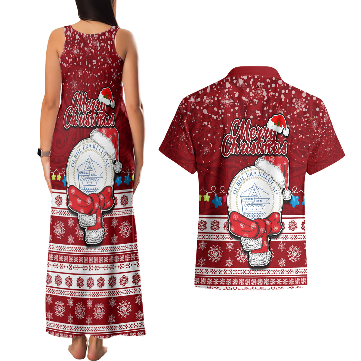 Palau Christmas Couples Matching Tank Maxi Dress and Hawaiian Shirt Snowman and Palau Coat of Arms Maori Tribal Xmas Style LT03 - Polynesian Pride