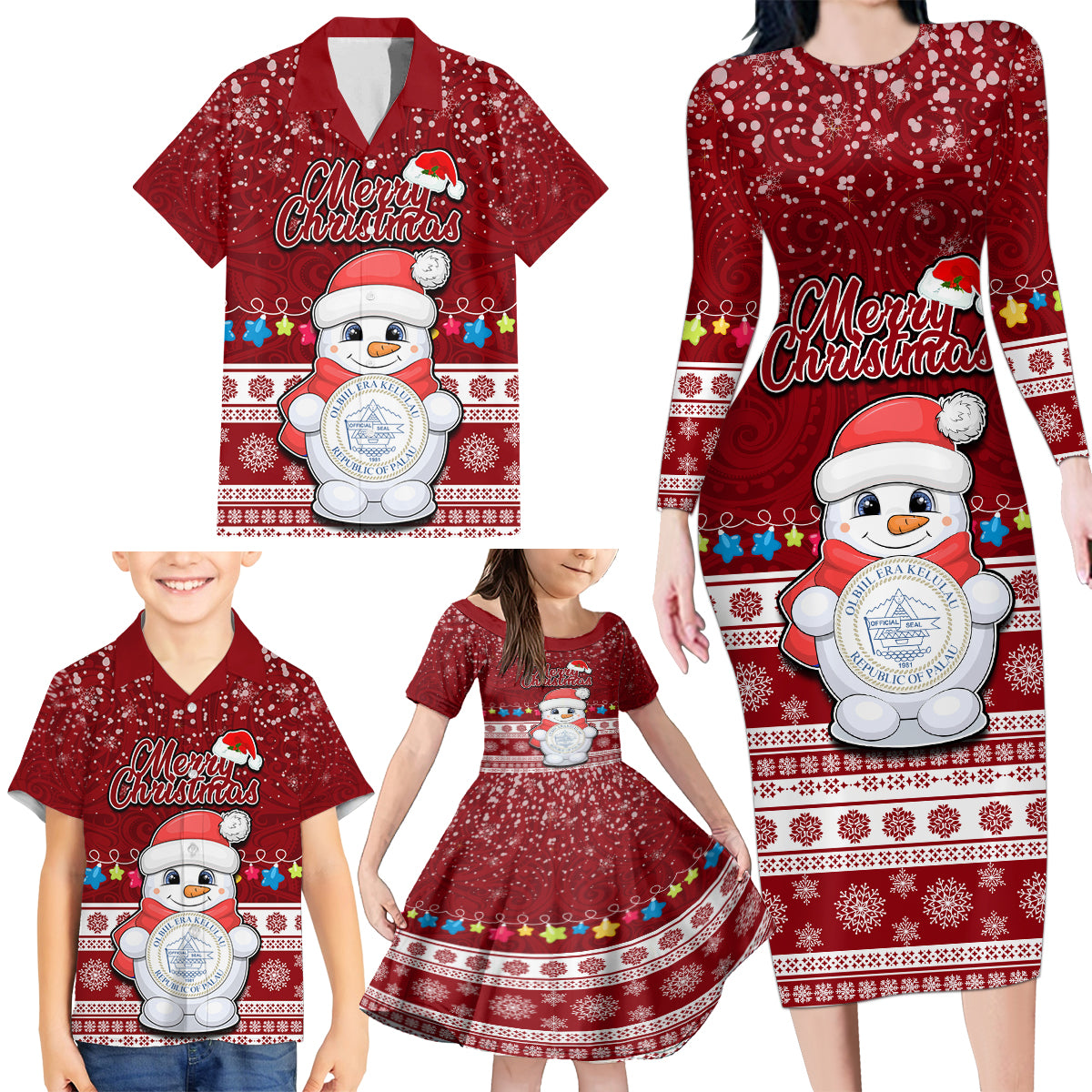 Palau Christmas Family Matching Long Sleeve Bodycon Dress and Hawaiian Shirt Snowman and Palau Coat of Arms Maori Tribal Xmas Style LT03 - Polynesian Pride