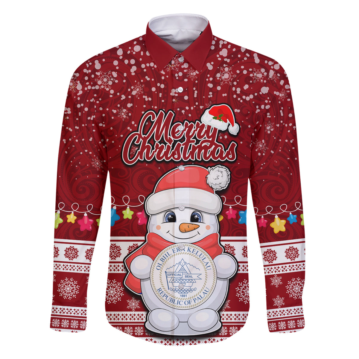 Palau Christmas Family Matching Long Sleeve Bodycon Dress and Hawaiian Shirt Snowman and Palau Coat of Arms Maori Tribal Xmas Style LT03 Dad's Shirt - Long Sleeve Red - Polynesian Pride
