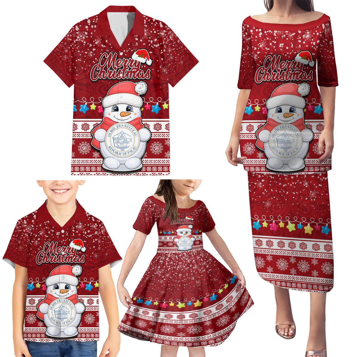 Palau Christmas Family Matching Puletasi Dress and Hawaiian Shirt Snowman and Palau Coat of Arms Maori Tribal Xmas Style LT03 - Polynesian Pride