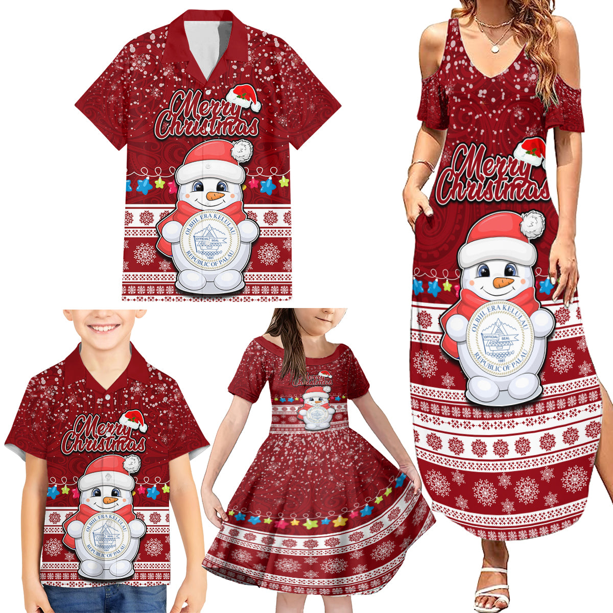 Palau Christmas Family Matching Summer Maxi Dress and Hawaiian Shirt Snowman and Palau Coat of Arms Maori Tribal Xmas Style LT03 - Polynesian Pride