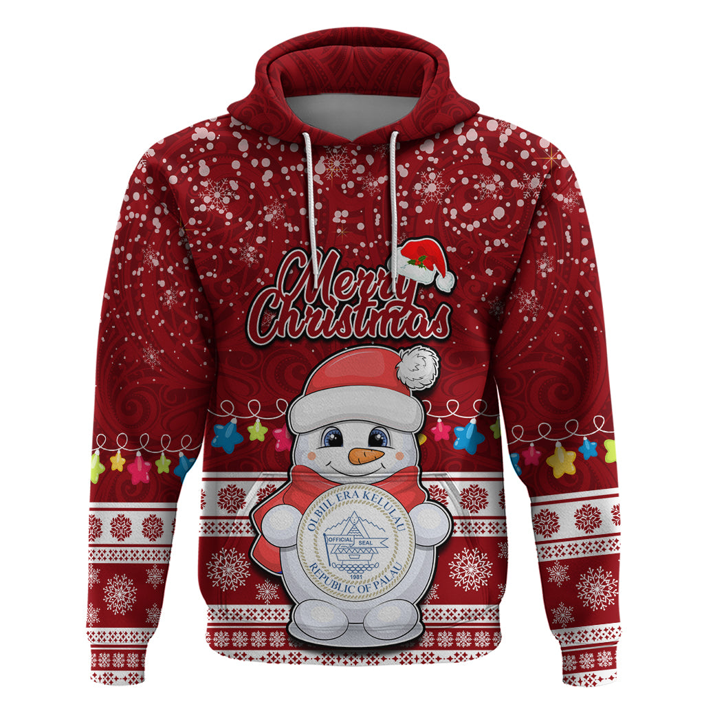 Palau Christmas Hoodie Snowman and Palau Coat of Arms Maori Tribal Xmas Style LT03 Red - Polynesian Pride