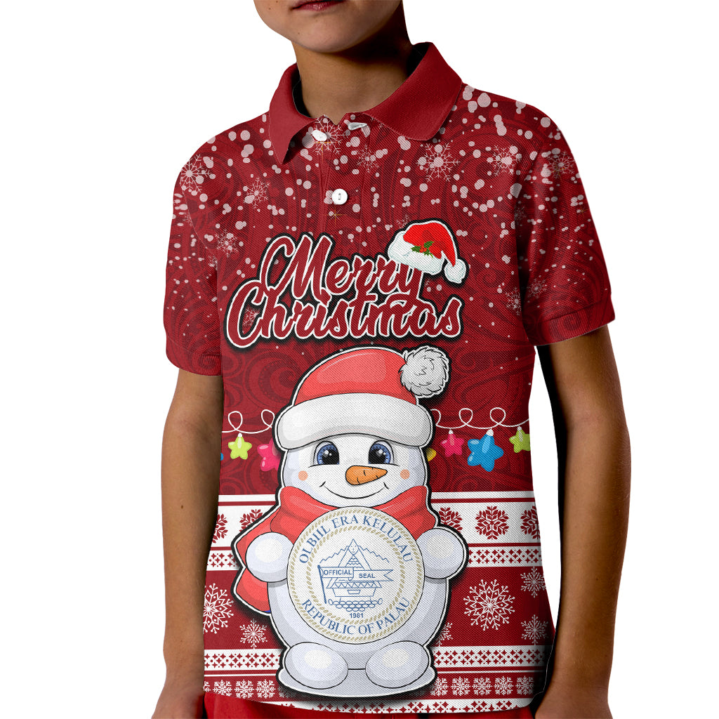 Palau Christmas Kid Polo Shirt Snowman and Palau Coat of Arms Maori Tribal Xmas Style LT03 Kid Red - Polynesian Pride