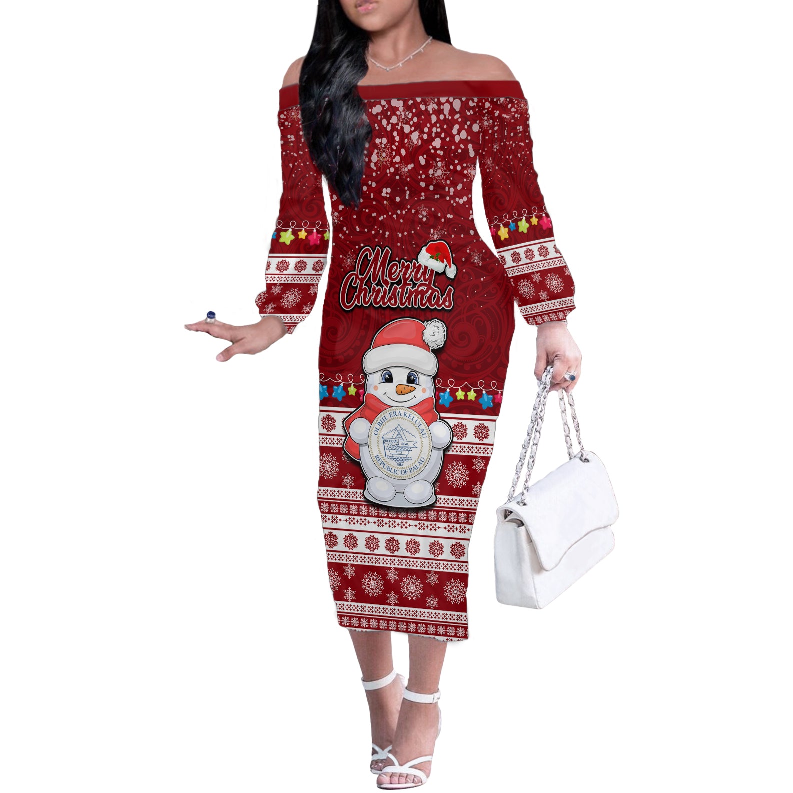 Palau Christmas Off The Shoulder Long Sleeve Dress Snowman and Palau Coat of Arms Maori Tribal Xmas Style LT03 Women Red - Polynesian Pride