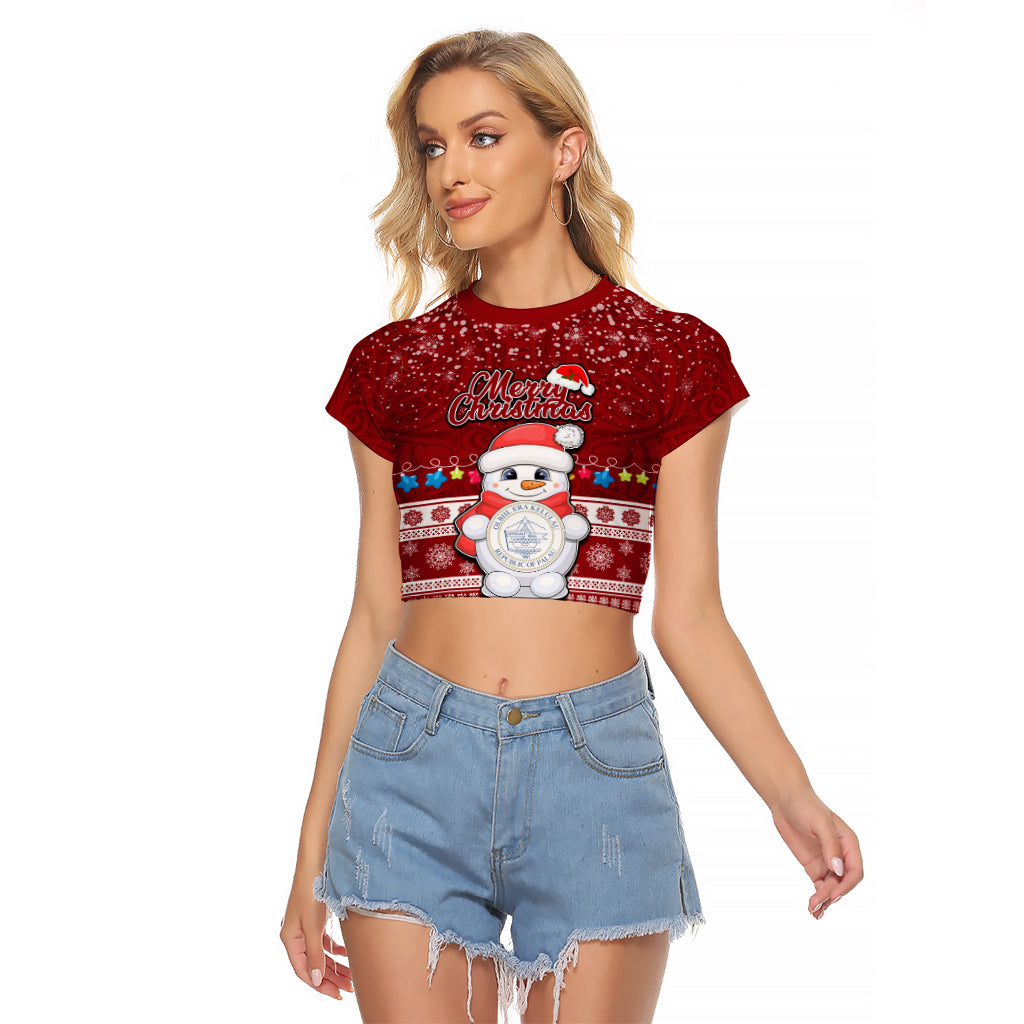 Palau Christmas Raglan Cropped T Shirt Snowman and Palau Coat of Arms Maori Tribal Xmas Style LT03 Female Red - Polynesian Pride