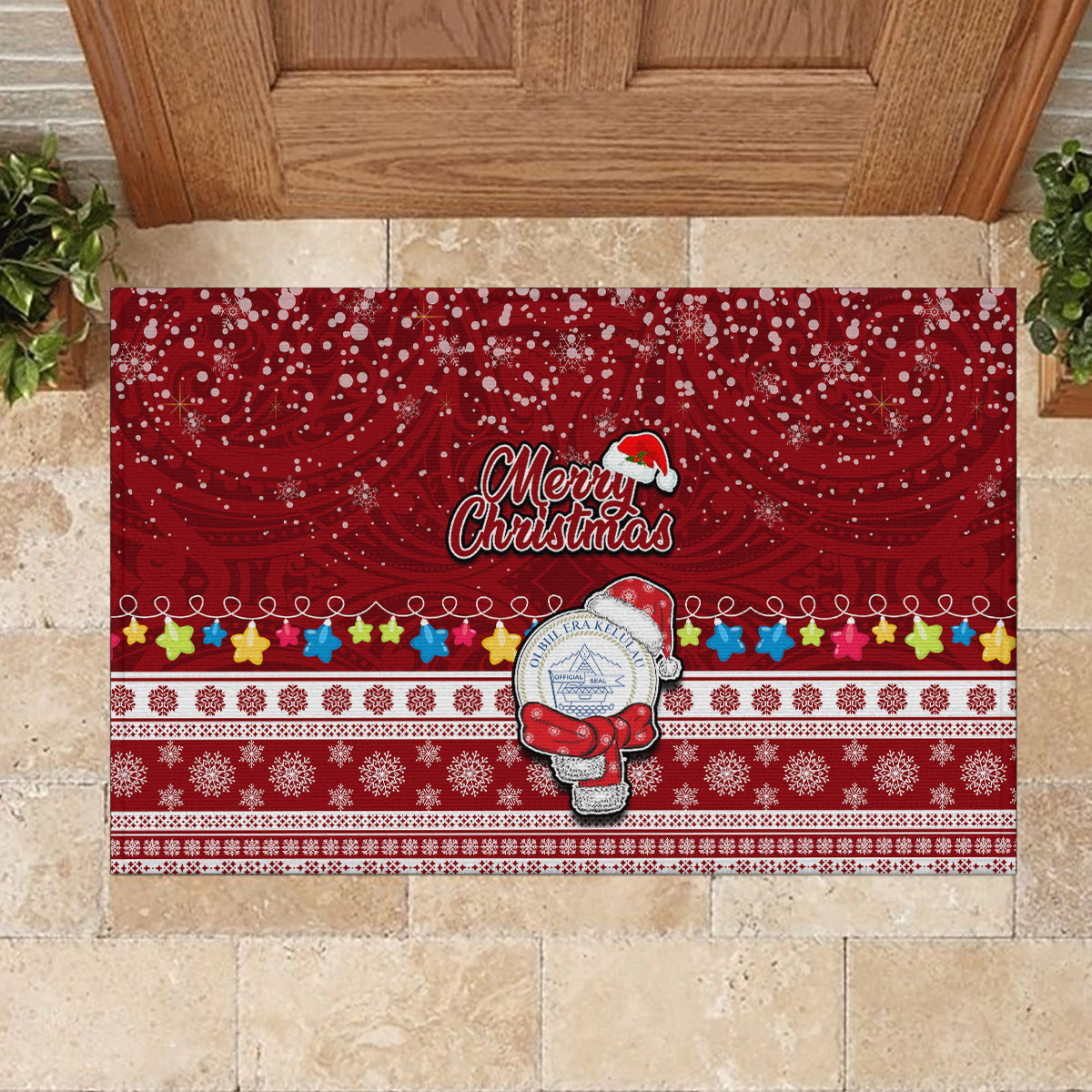 Palau Christmas Rubber Doormat Snowman and Palau Coat of Arms Maori Tribal Xmas Style LT03 - Polynesian Pride