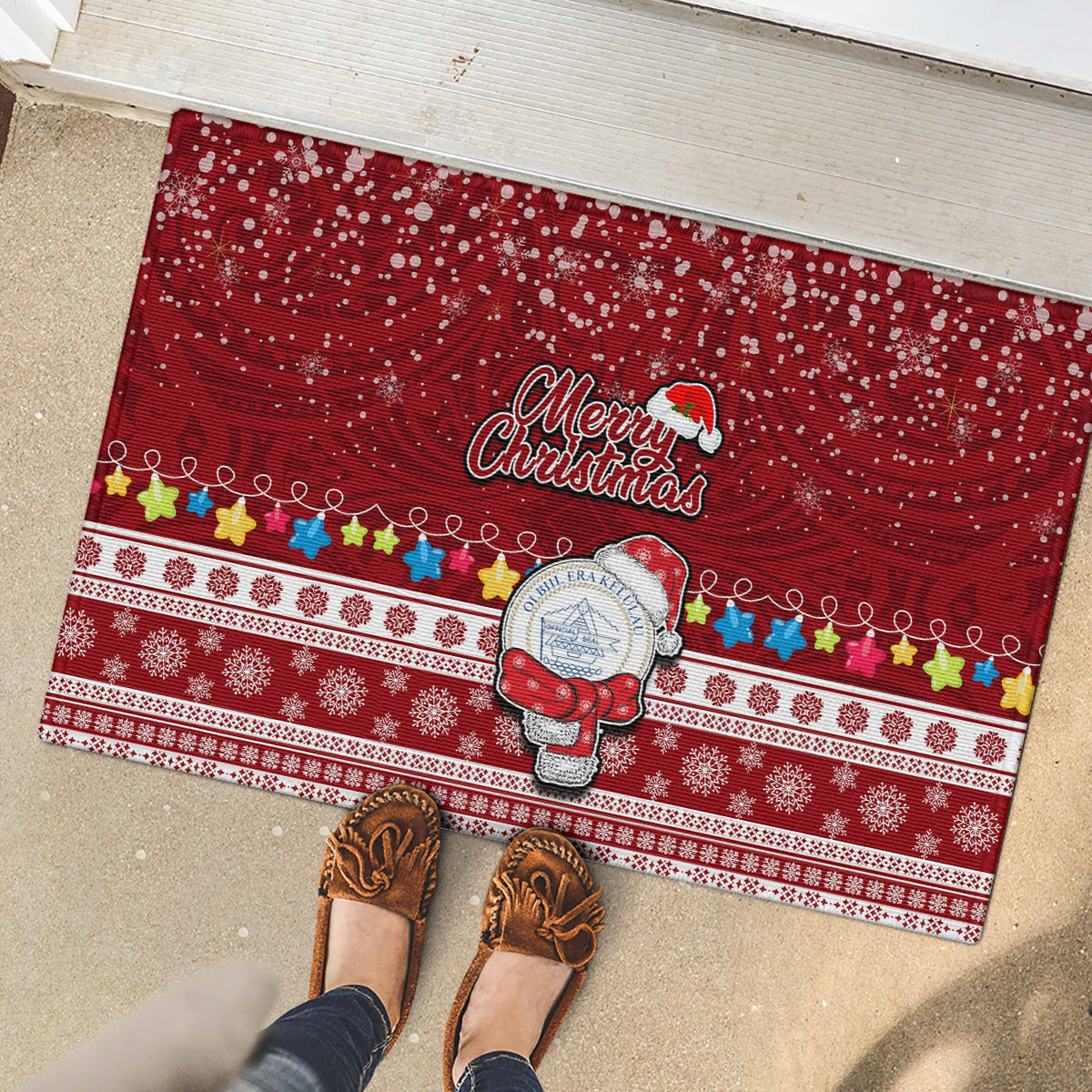 Palau Christmas Rubber Doormat Snowman and Palau Coat of Arms Maori Tribal Xmas Style LT03 - Polynesian Pride