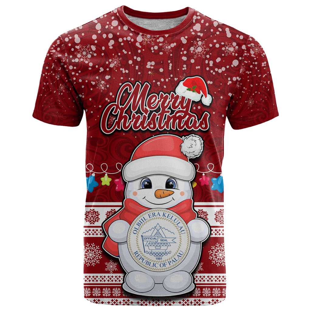 Palau Christmas T Shirt Snowman and Palau Coat of Arms Maori Tribal Xmas Style LT03 Red - Polynesian Pride