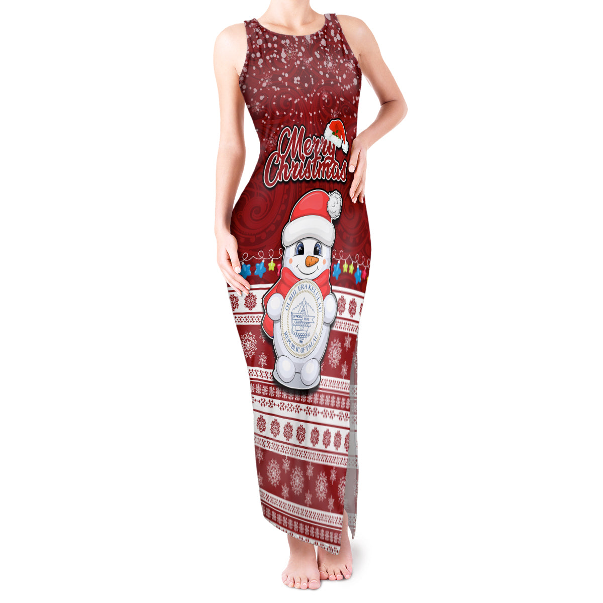 Palau Christmas Tank Maxi Dress Snowman and Palau Coat of Arms Maori Tribal Xmas Style LT03 Women Red - Polynesian Pride