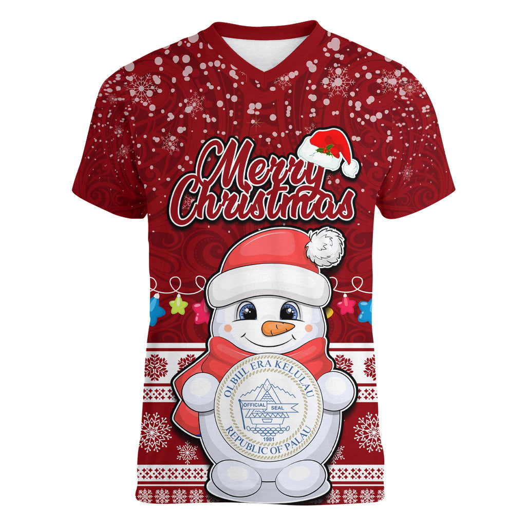 Palau Christmas Women V Neck T Shirt Snowman and Palau Coat of Arms Maori Tribal Xmas Style LT03 Female Red - Polynesian Pride