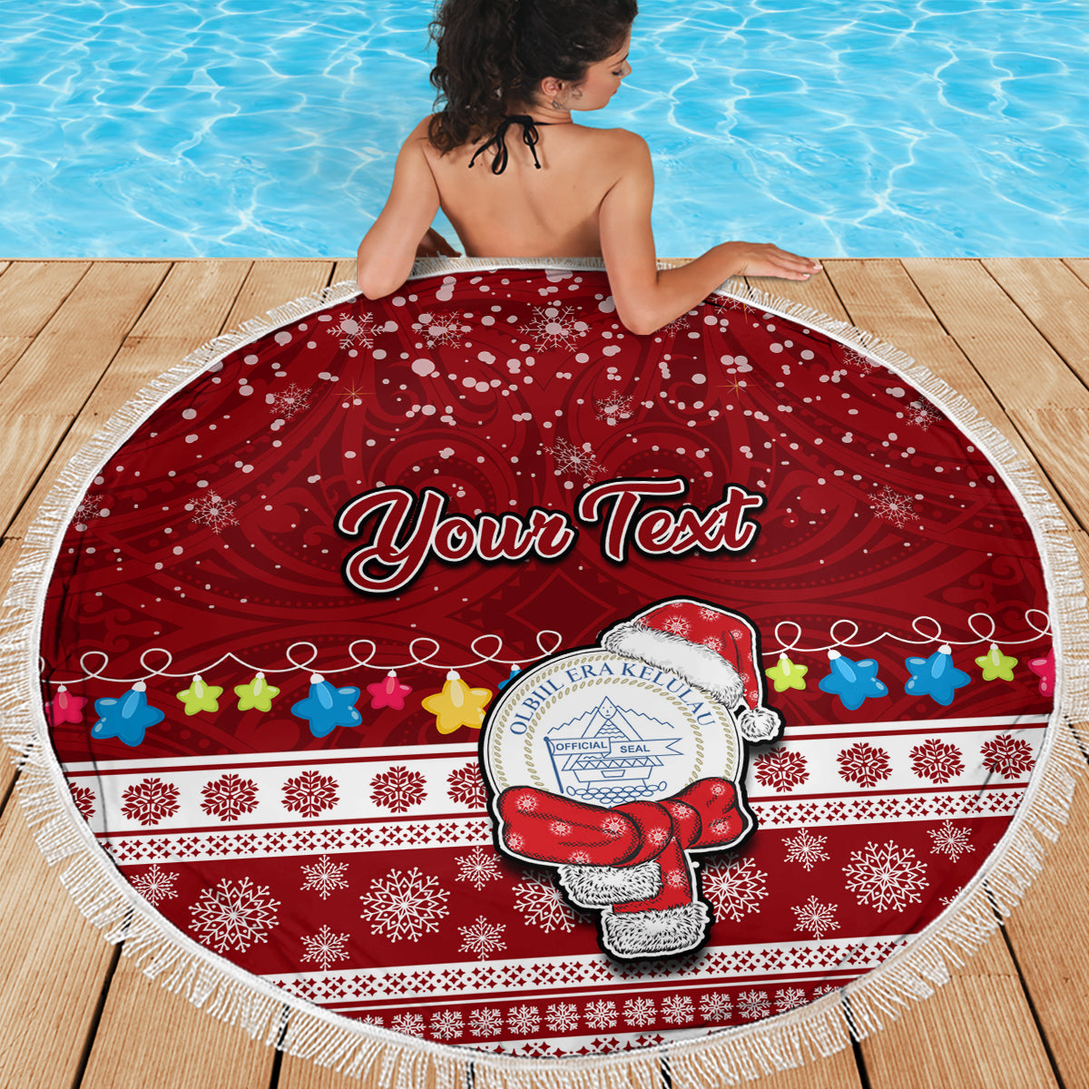 Personalised Palau Christmas Beach Blanket Snowman and Palau Coat of Arms Maori Tribal Xmas Style LT03 - Wonder Print Shop