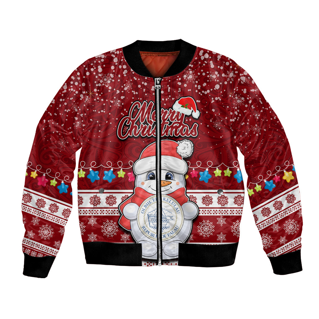 Personalised Palau Christmas Bomber Jacket Snowman and Palau Coat of Arms Maori Tribal Xmas Style LT03 Unisex Red - Polynesian Pride