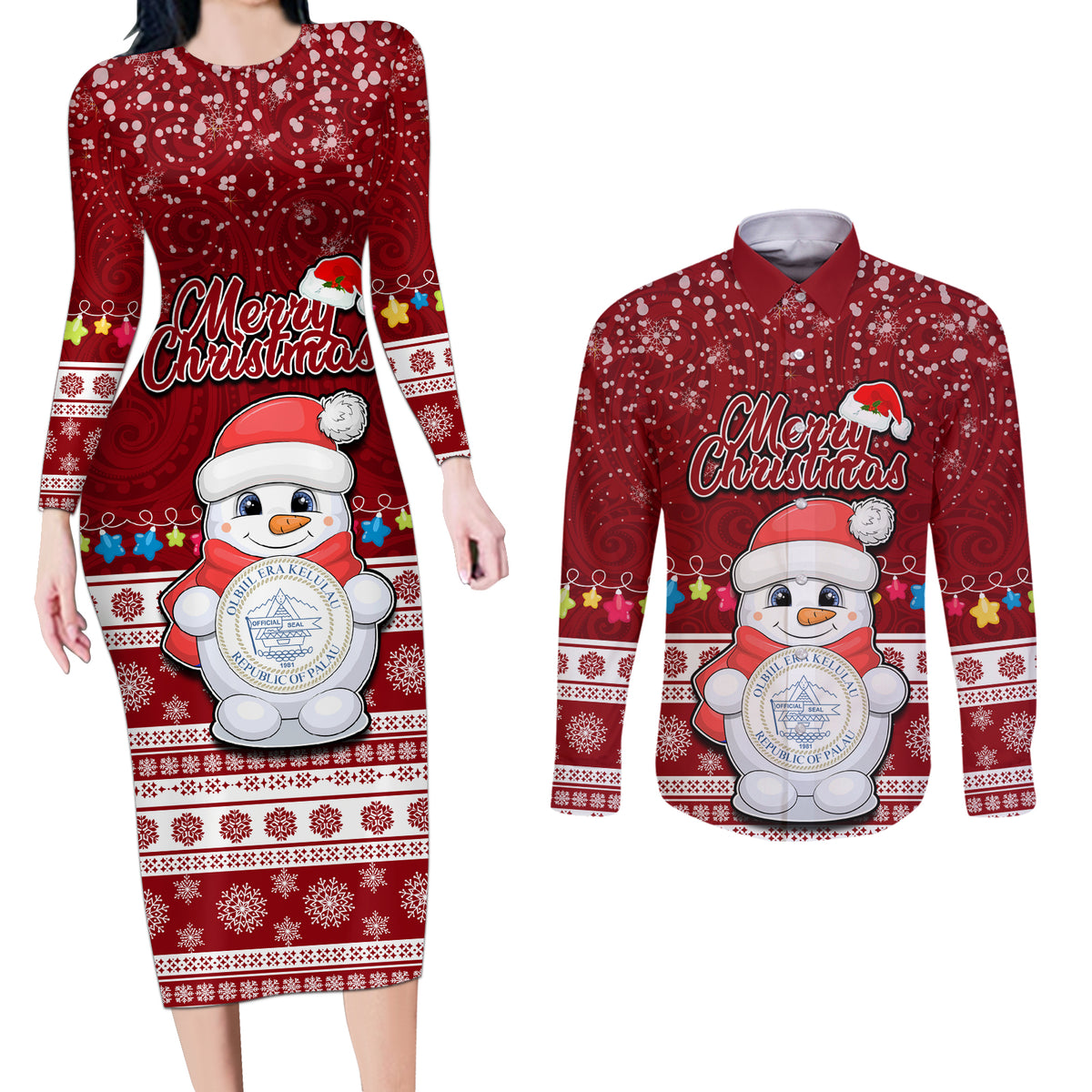 Personalised Palau Christmas Couples Matching Long Sleeve Bodycon Dress and Long Sleeve Button Shirt Snowman and Palau Coat of Arms Maori Tribal Xmas Style LT03 Red - Polynesian Pride
