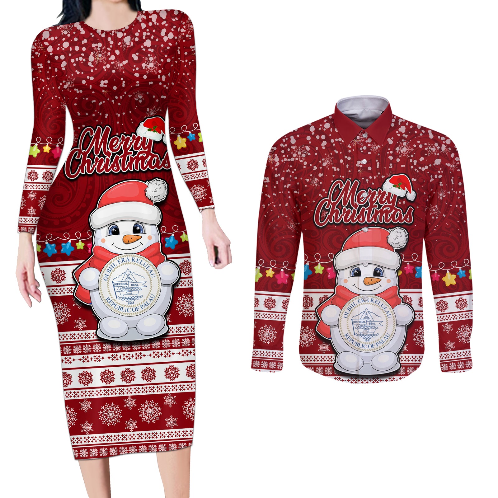 Personalised Palau Christmas Couples Matching Long Sleeve Bodycon Dress and Long Sleeve Button Shirt Snowman and Palau Coat of Arms Maori Tribal Xmas Style LT03 Red - Polynesian Pride