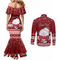 Personalised Palau Christmas Couples Matching Mermaid Dress and Long Sleeve Button Shirt Snowman and Palau Coat of Arms Maori Tribal Xmas Style LT03 - Polynesian Pride