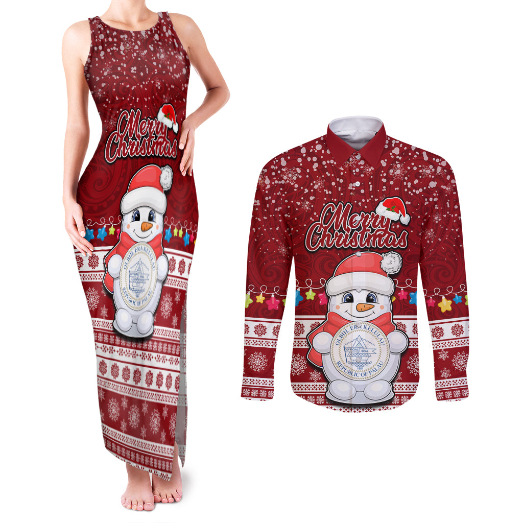 Personalised Palau Christmas Couples Matching Tank Maxi Dress and Long Sleeve Button Shirt Snowman and Palau Coat of Arms Maori Tribal Xmas Style LT03 Red - Polynesian Pride