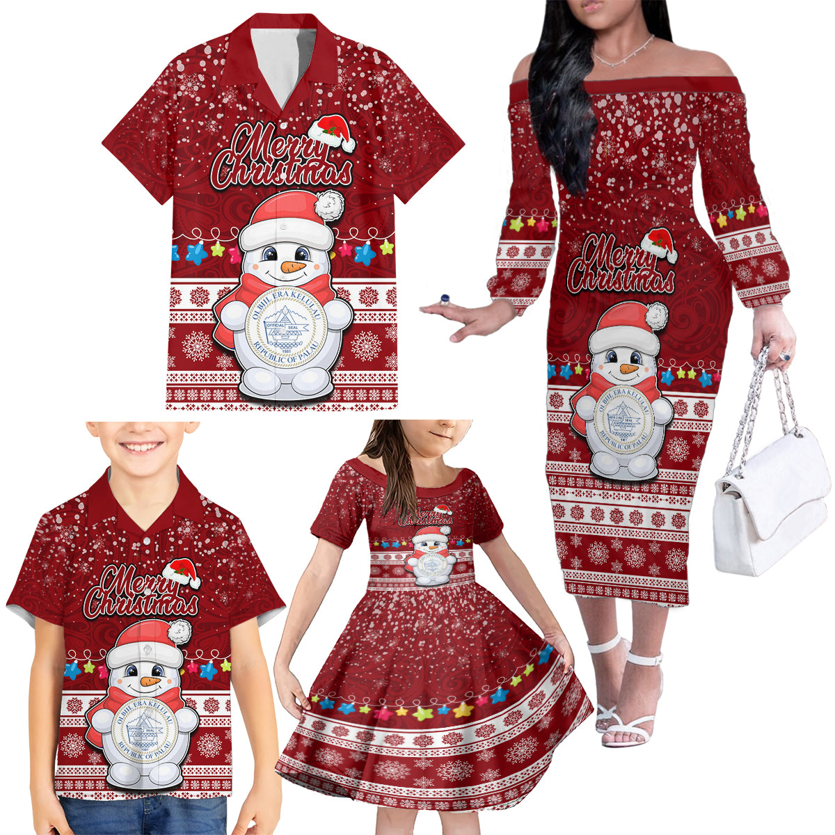 Personalised Palau Christmas Family Matching Off Shoulder Long Sleeve Dress and Hawaiian Shirt Snowman and Palau Coat of Arms Maori Tribal Xmas Style LT03 - Polynesian Pride