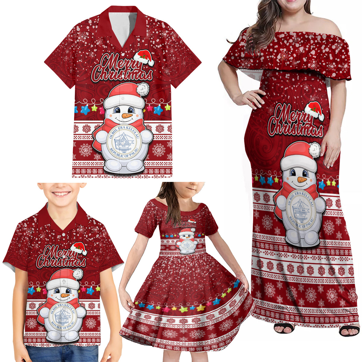 Personalised Palau Christmas Family Matching Off Shoulder Maxi Dress and Hawaiian Shirt Snowman and Palau Coat of Arms Maori Tribal Xmas Style LT03 - Polynesian Pride