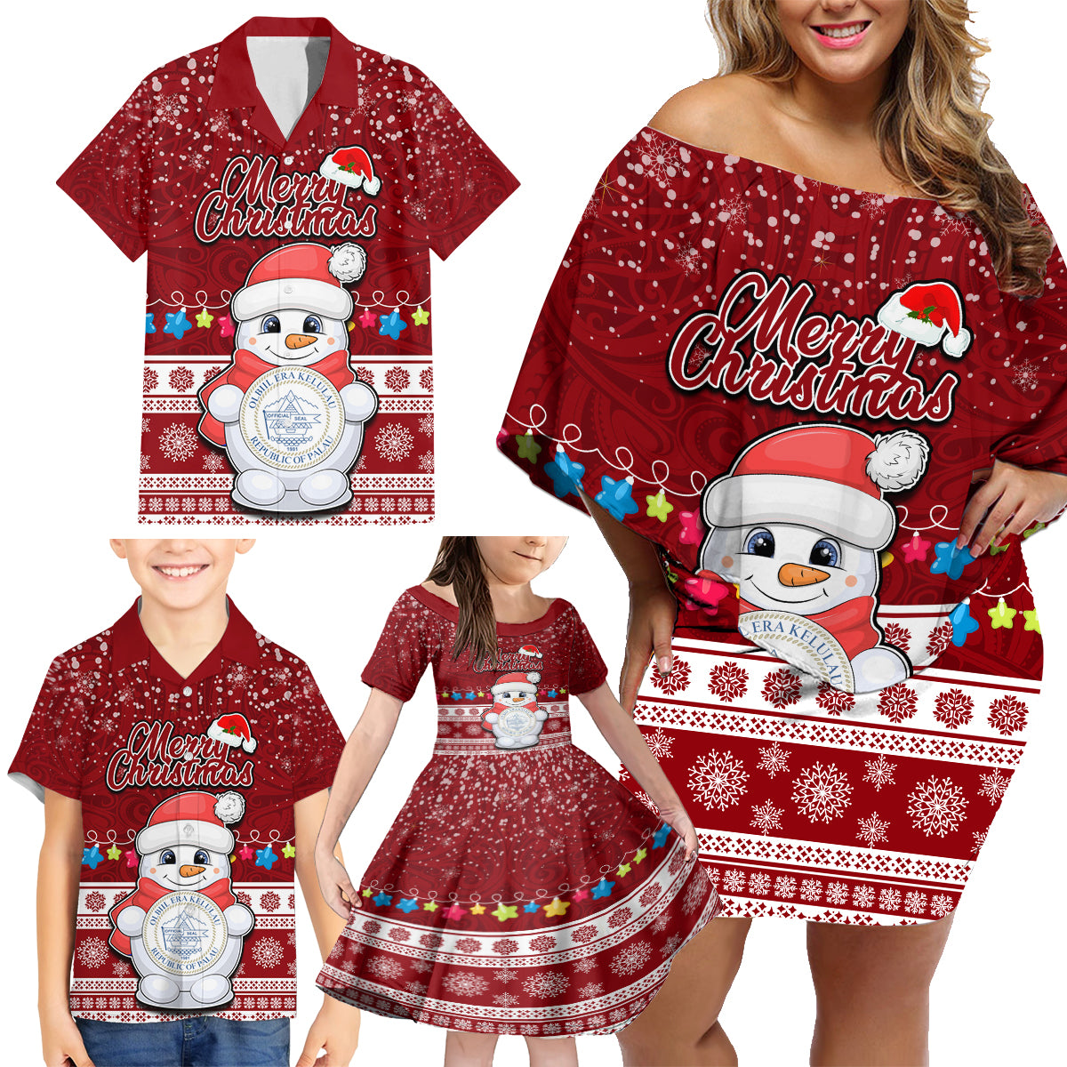 Personalised Palau Christmas Family Matching Off Shoulder Short Dress and Hawaiian Shirt Snowman and Palau Coat of Arms Maori Tribal Xmas Style LT03 - Polynesian Pride