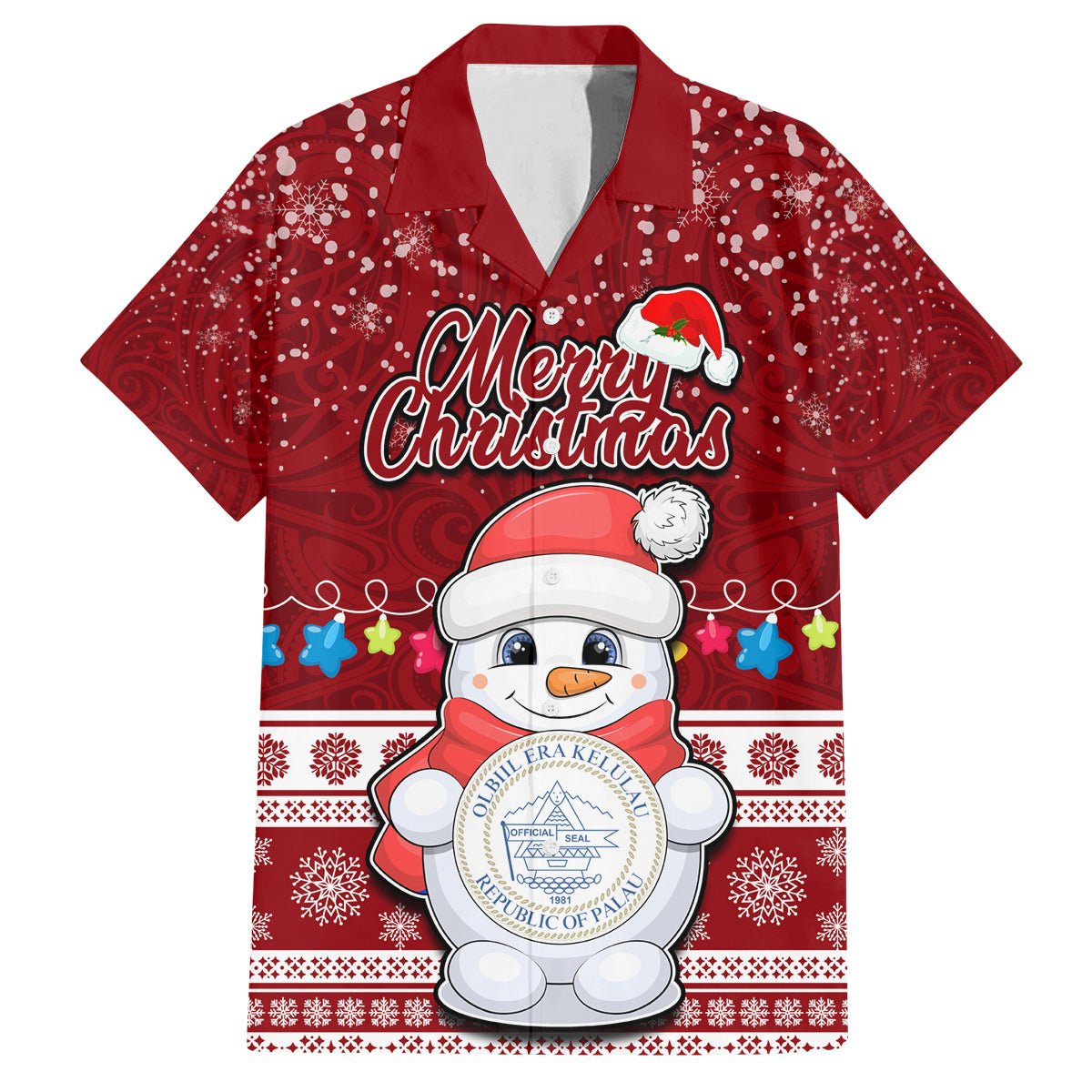 Personalised Palau Christmas Family Matching Off Shoulder Short Dress and Hawaiian Shirt Snowman and Palau Coat of Arms Maori Tribal Xmas Style LT03 Dad's Shirt - Short Sleeve Red - Polynesian Pride