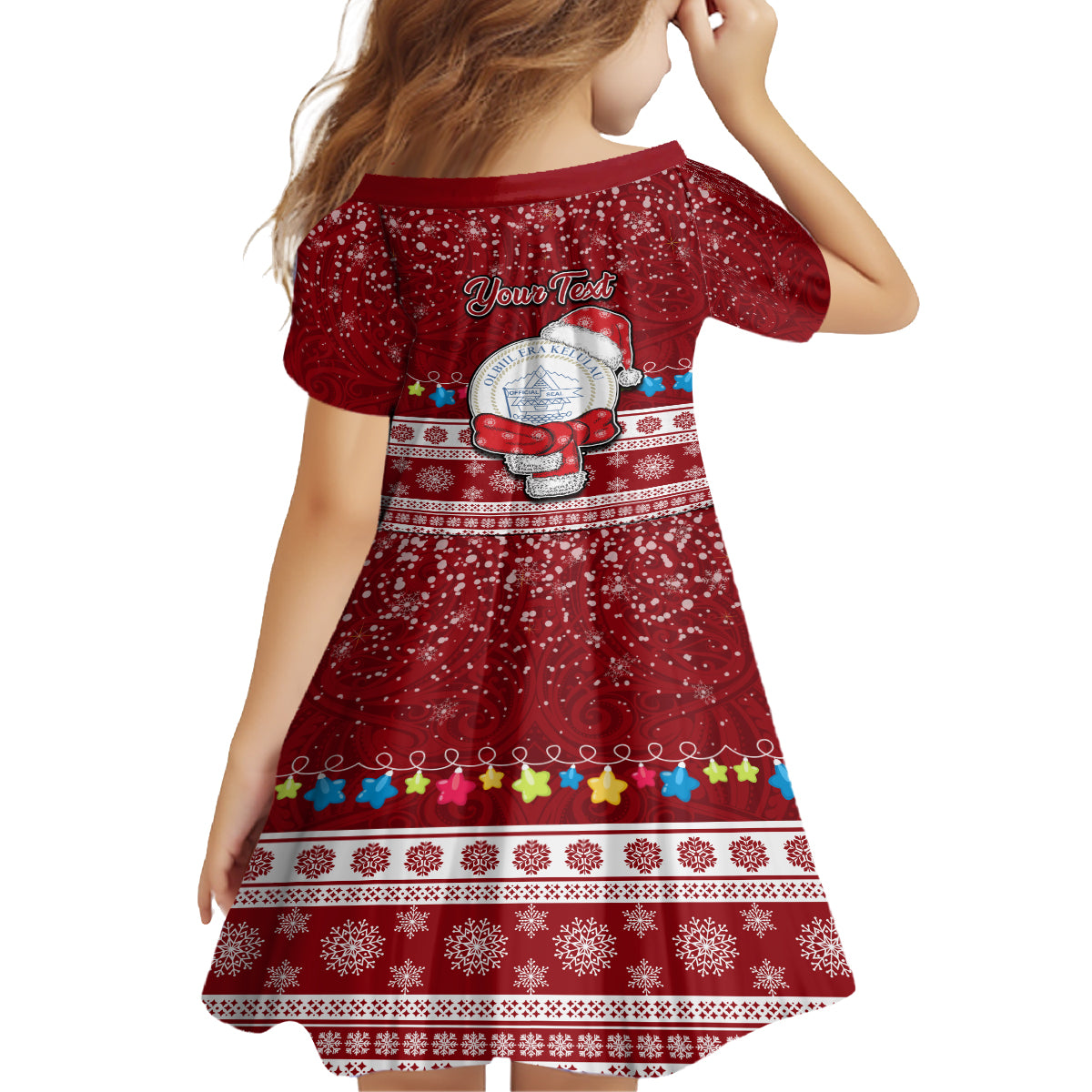 Personalised Palau Christmas Kid Short Sleeve Dress Snowman and Palau Coat of Arms Maori Tribal Xmas Style LT03 - Polynesian Pride