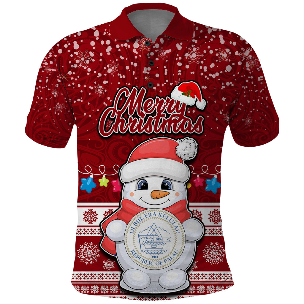 Personalised Palau Christmas Polo Shirt Snowman and Palau Coat of Arms Maori Tribal Xmas Style LT03 Red - Polynesian Pride