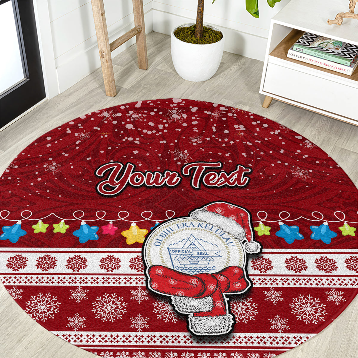 Personalised Palau Christmas Round Carpet Snowman and Palau Coat of Arms Maori Tribal Xmas Style LT03 Red - Polynesian Pride