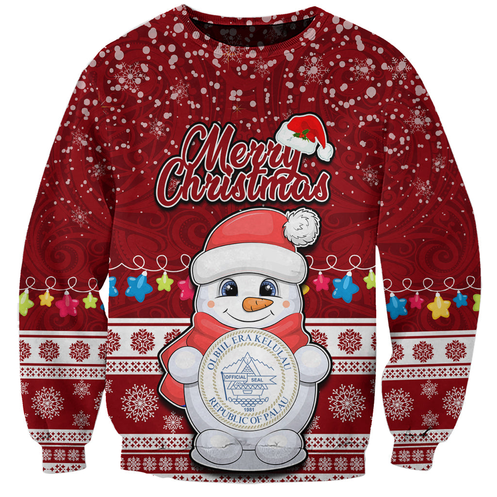 Personalised Palau Christmas Sweatshirt Snowman and Palau Coat of Arms Maori Tribal Xmas Style LT03 Unisex Red - Polynesian Pride