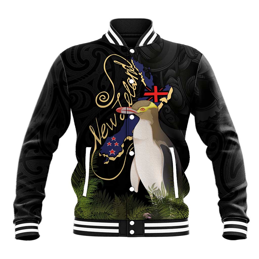 New Zealand Hoiho Baseball Jacket Maori Art Tattoo and Silver Fern LT03 Unisex Black - Polynesian Pride