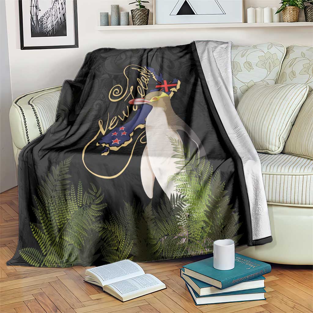 New Zealand Hoiho Blanket Maori Art Tattoo and Silver Fern LT03 Black - Polynesian Pride