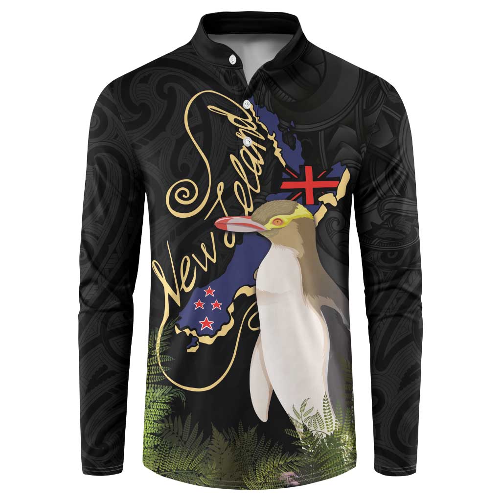 New Zealand Hoiho Button Sweatshirt Maori Art Tattoo and Silver Fern LT03 Black - Polynesian Pride