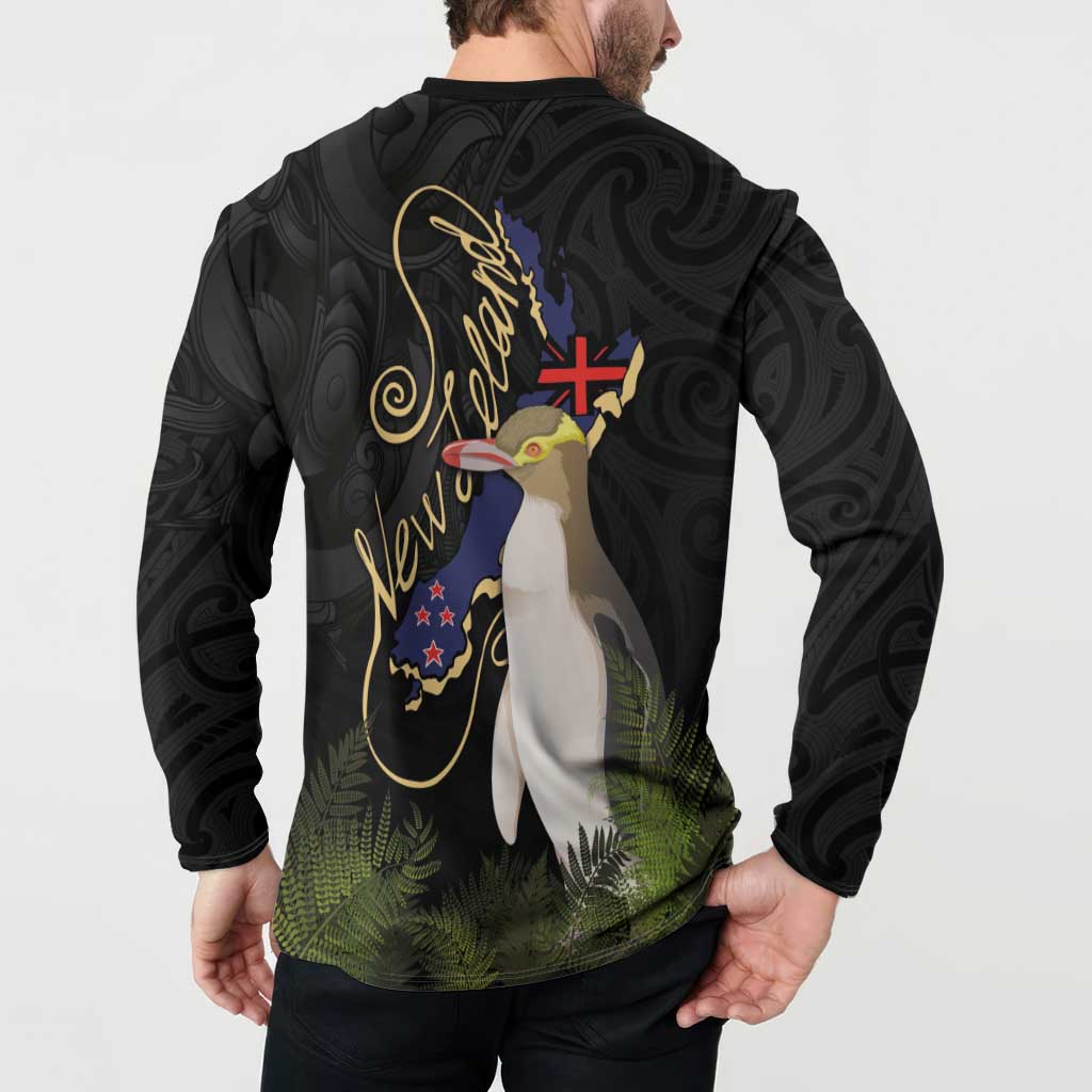 New Zealand Hoiho Button Sweatshirt Maori Art Tattoo and Silver Fern LT03 - Polynesian Pride