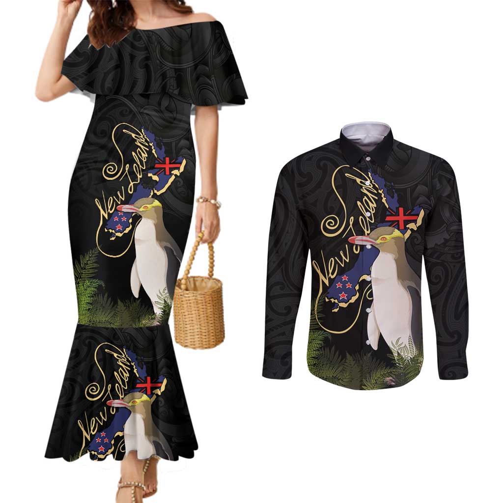 New Zealand Hoiho Couples Matching Mermaid Dress and Long Sleeve Button Shirt Maori Art Tattoo and Silver Fern