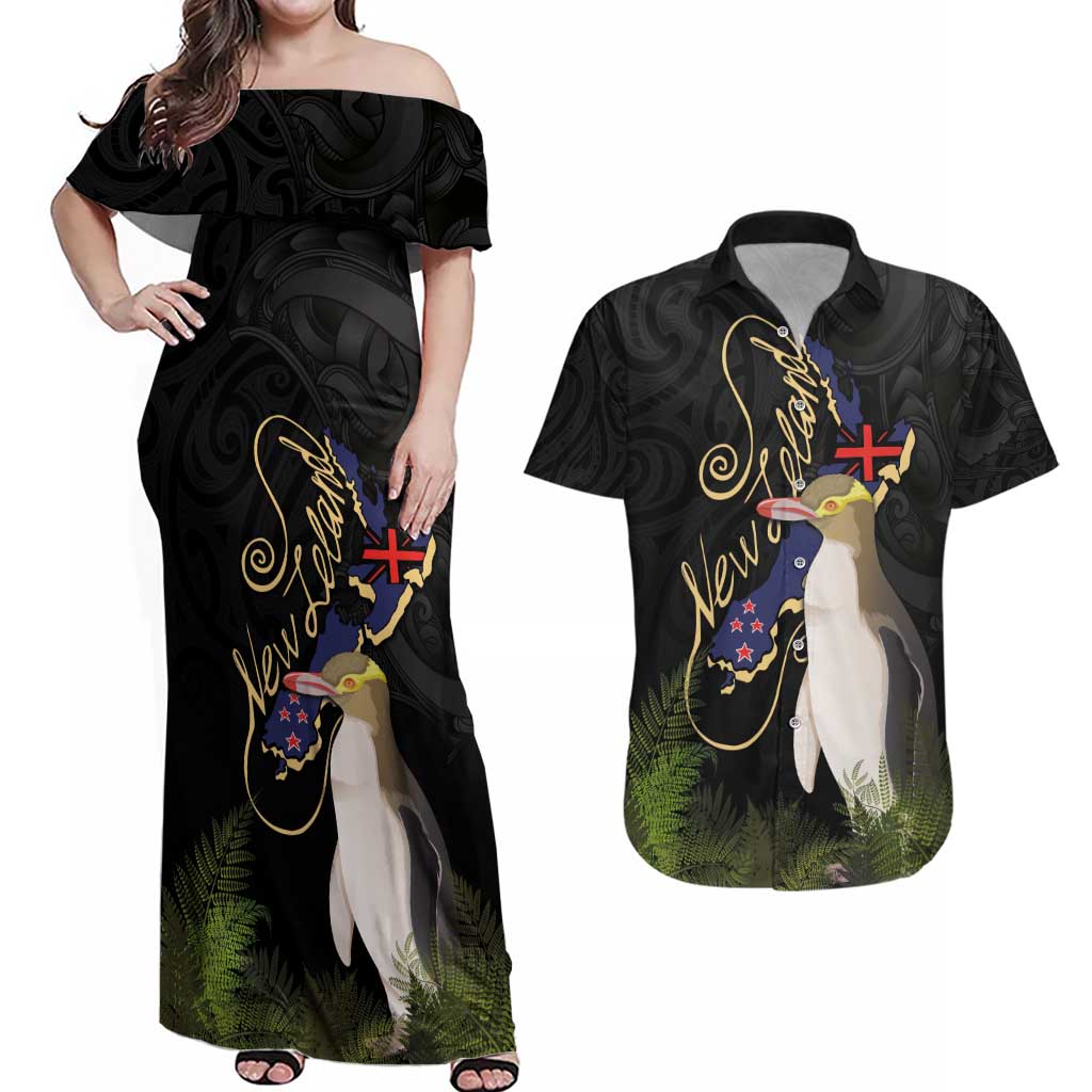 New Zealand Hoiho Couples Matching Off Shoulder Maxi Dress and Hawaiian Shirt Maori Art Tattoo and Silver Fern