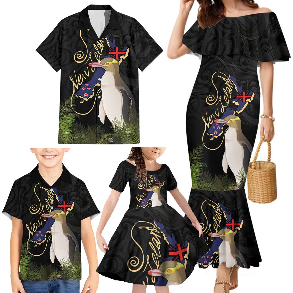 New Zealand Hoiho Family Matching Mermaid Dress and Hawaiian Shirt Maori Art Tattoo and Silver Fern