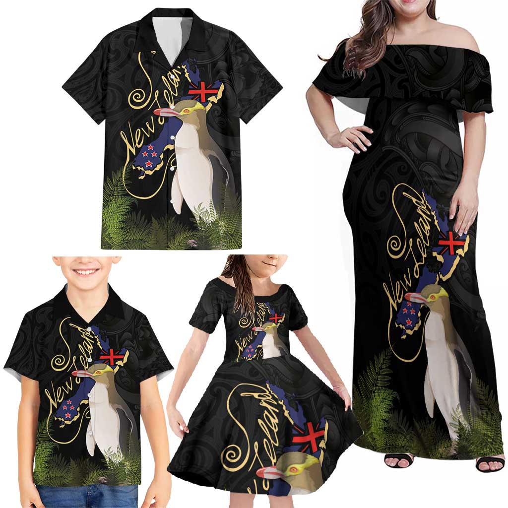 New Zealand Hoiho Family Matching Off Shoulder Maxi Dress and Hawaiian Shirt Maori Art Tattoo and Silver Fern