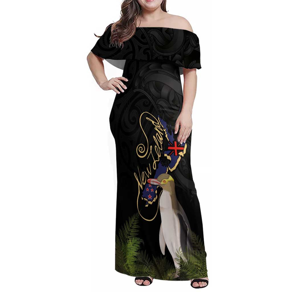 New Zealand Hoiho Family Matching Off Shoulder Maxi Dress and Hawaiian Shirt Maori Art Tattoo and Silver Fern