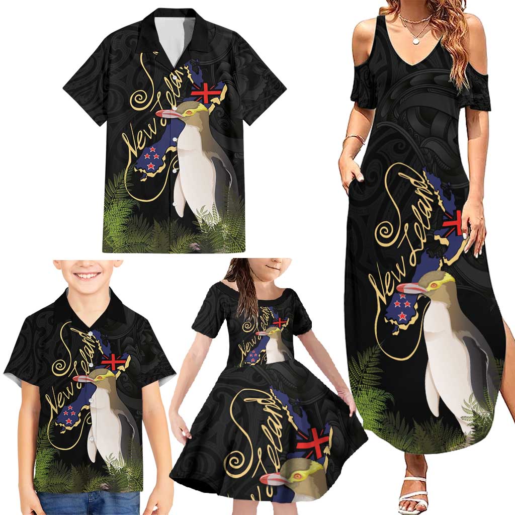 New Zealand Hoiho Family Matching Summer Maxi Dress and Hawaiian Shirt Maori Art Tattoo and Silver Fern