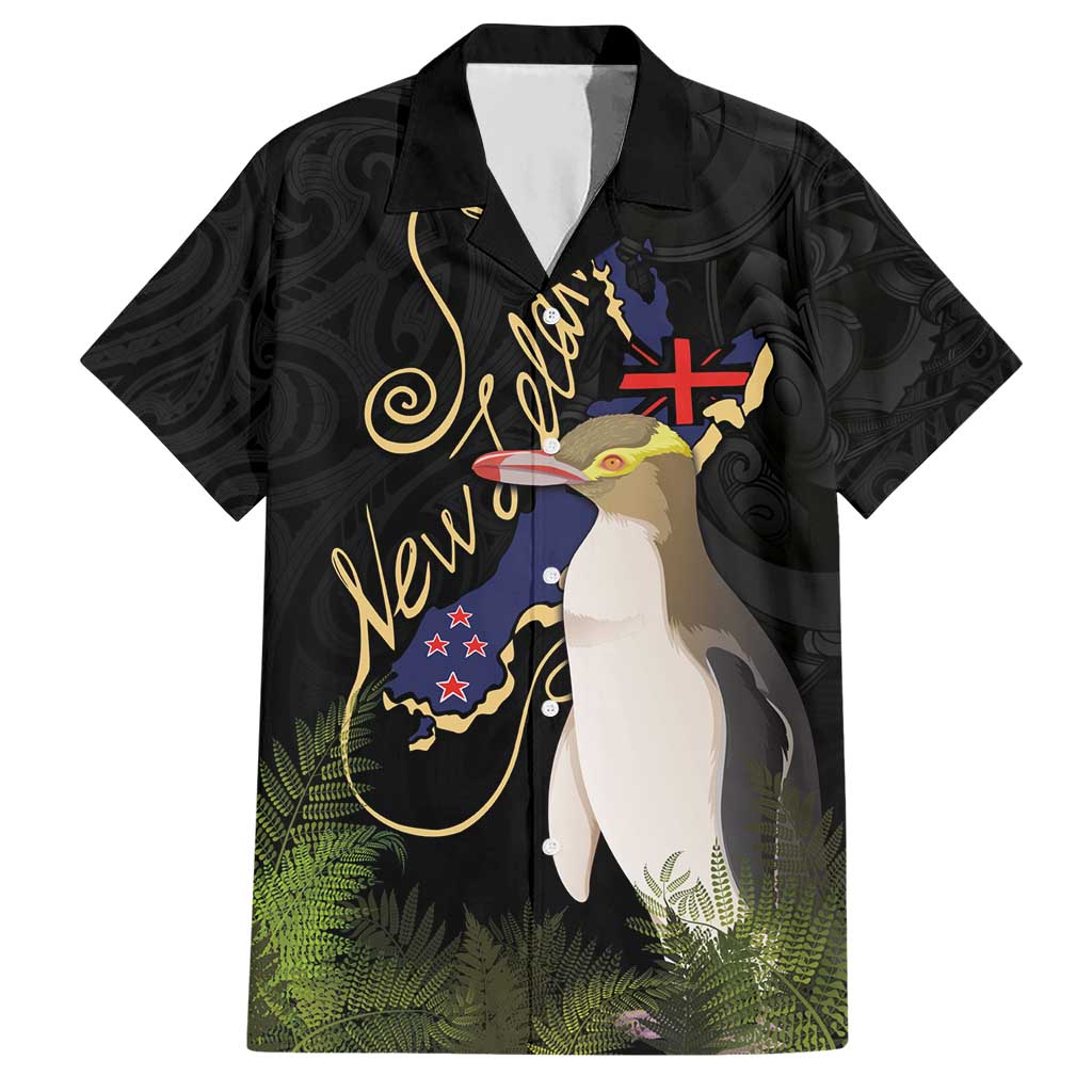New Zealand Hoiho Hawaiian Shirt Maori Art Tattoo and Silver Fern LT03 Black - Polynesian Pride