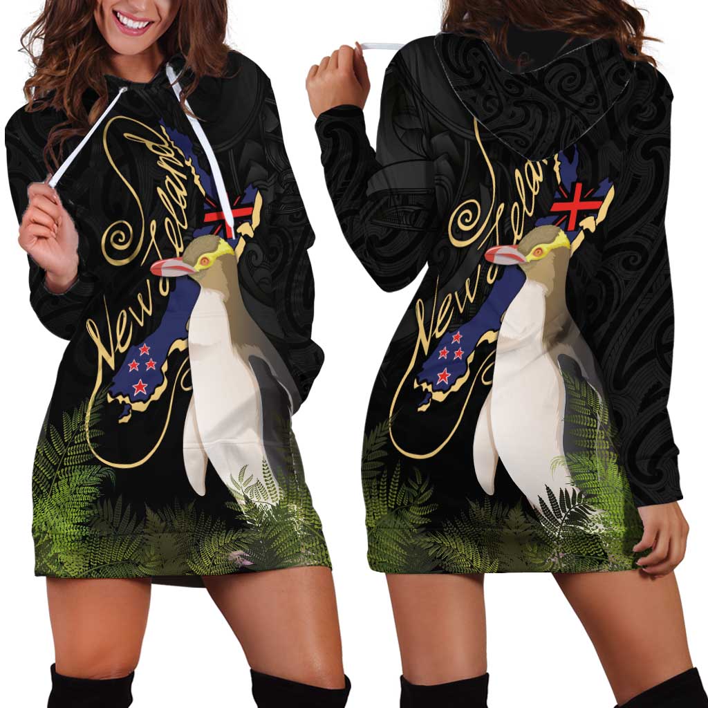 New Zealand Hoiho Hoodie Dress Maori Art Tattoo and Silver Fern
