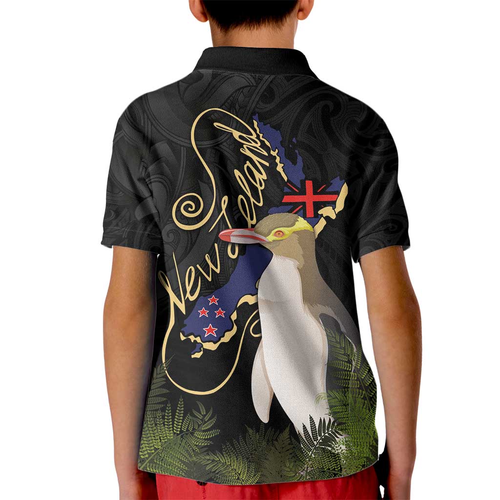 New Zealand Hoiho Kid Polo Shirt Maori Art Tattoo and Silver Fern
