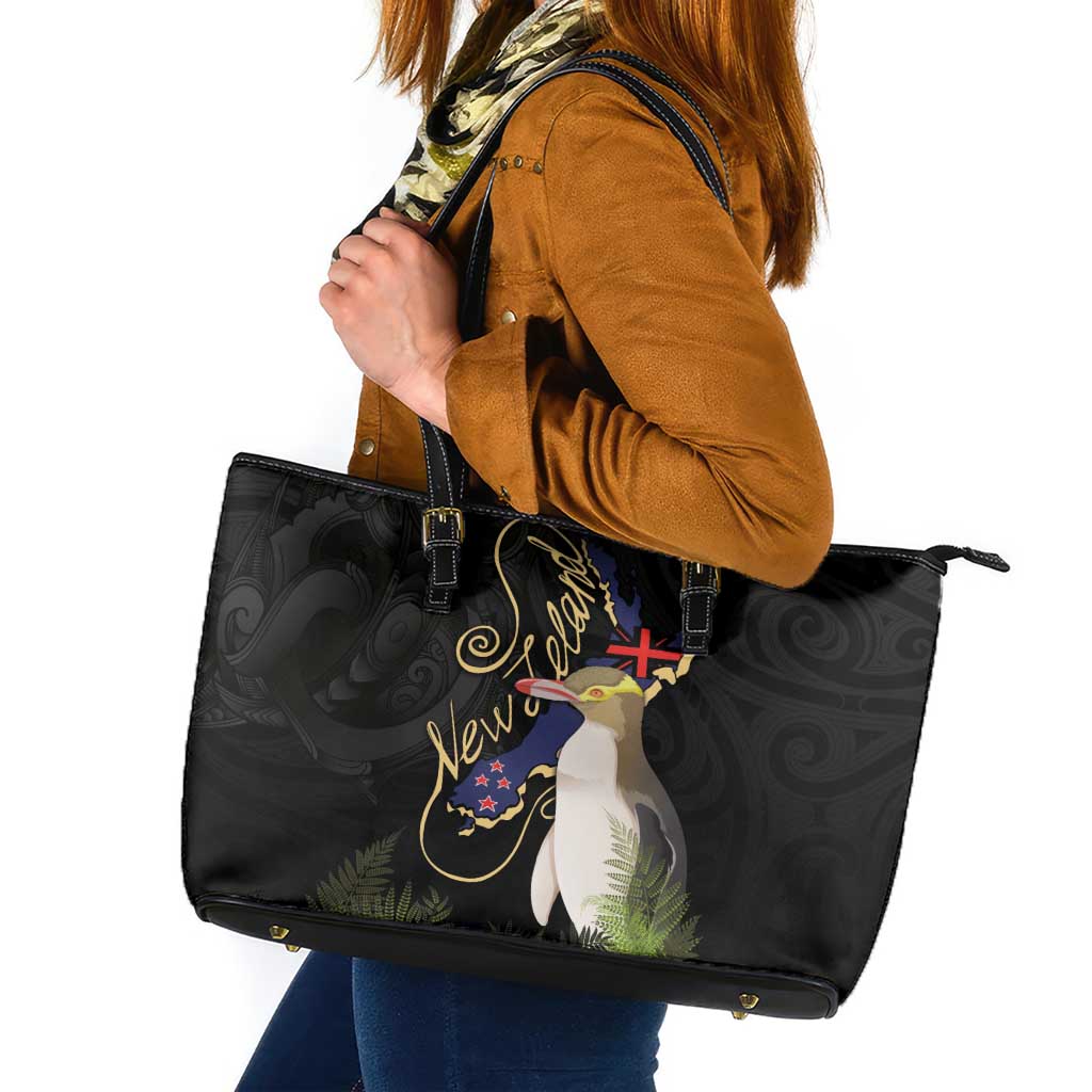 New Zealand Hoiho Leather Tote Bag Maori Art Tattoo and Silver Fern LT03 Black - Polynesian Pride