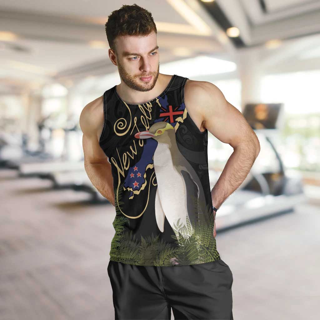 New Zealand Hoiho Men Tank Top Maori Art Tattoo and Silver Fern LT03 Black - Polynesian Pride